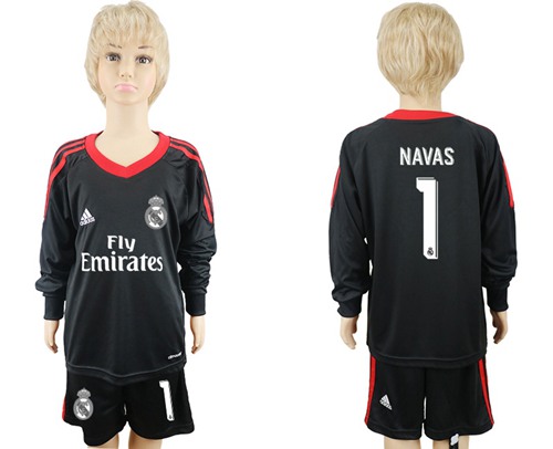 Real Madrid #1 Navas Black Goalkeeper Long Sleeves Kid Soccer Club Jersey - Click Image to Close